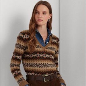 Lauren Ralph Lauren Wool Blend Fair Isle V-Neck Sweater Brown/Multi Size Large